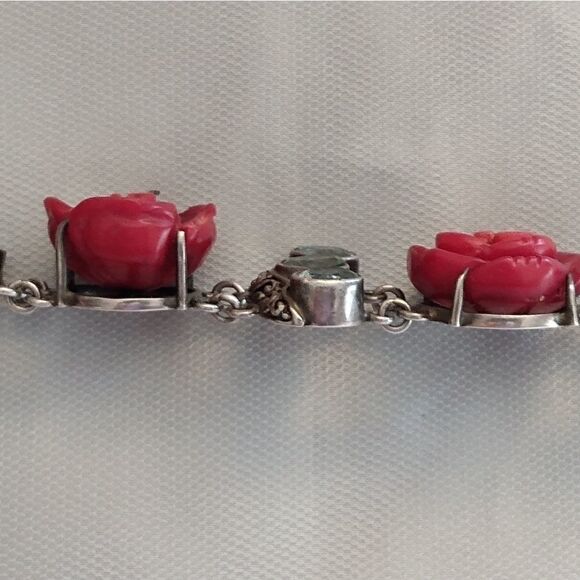 VINTAGE 925 Silver Bracelet with 10 TOPAZ and 3 Red Roses Toggle Closure - Picture 6 of 13